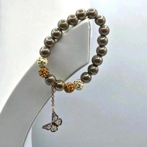 Bead Elastic Butterfly Charm Gray Fashion Boho Retro Jewelry Bracelet B11