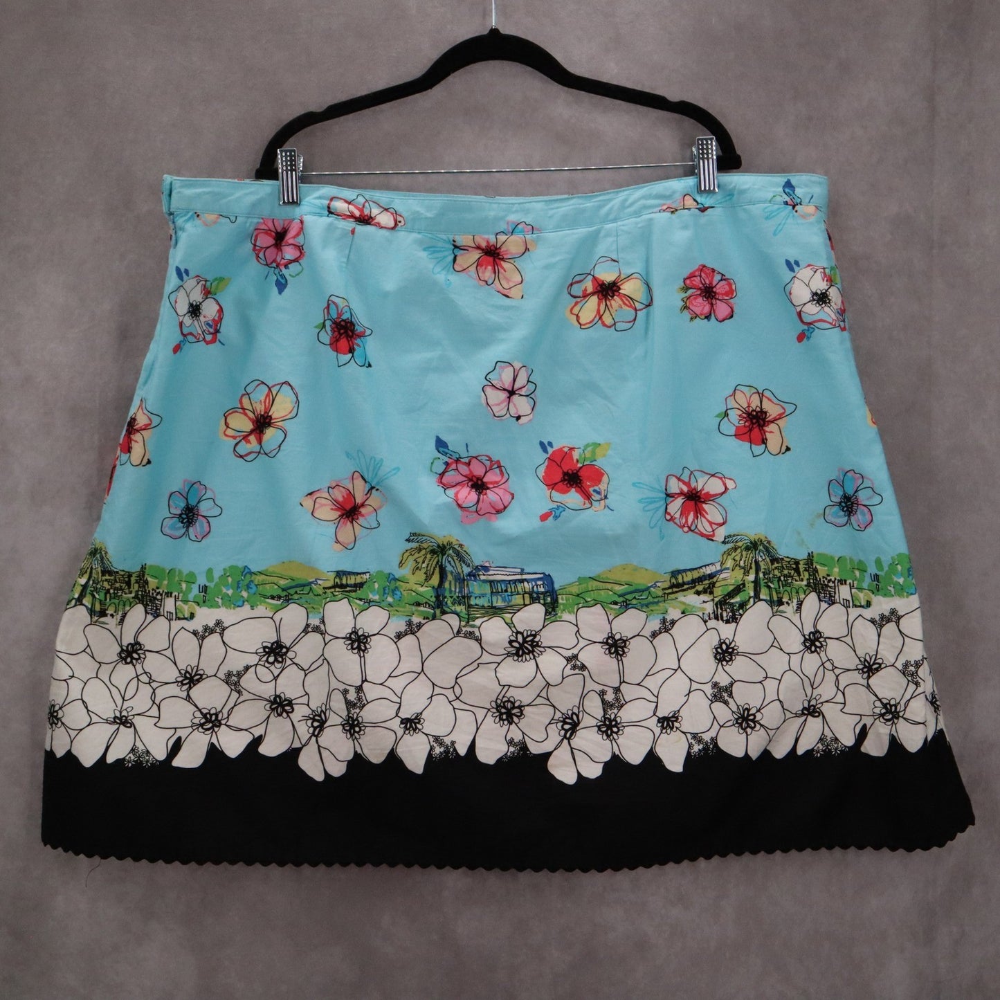 George Blue Floral Mini Short Flare Lace Trim Preppy Zip Button Skirt Plus 24W