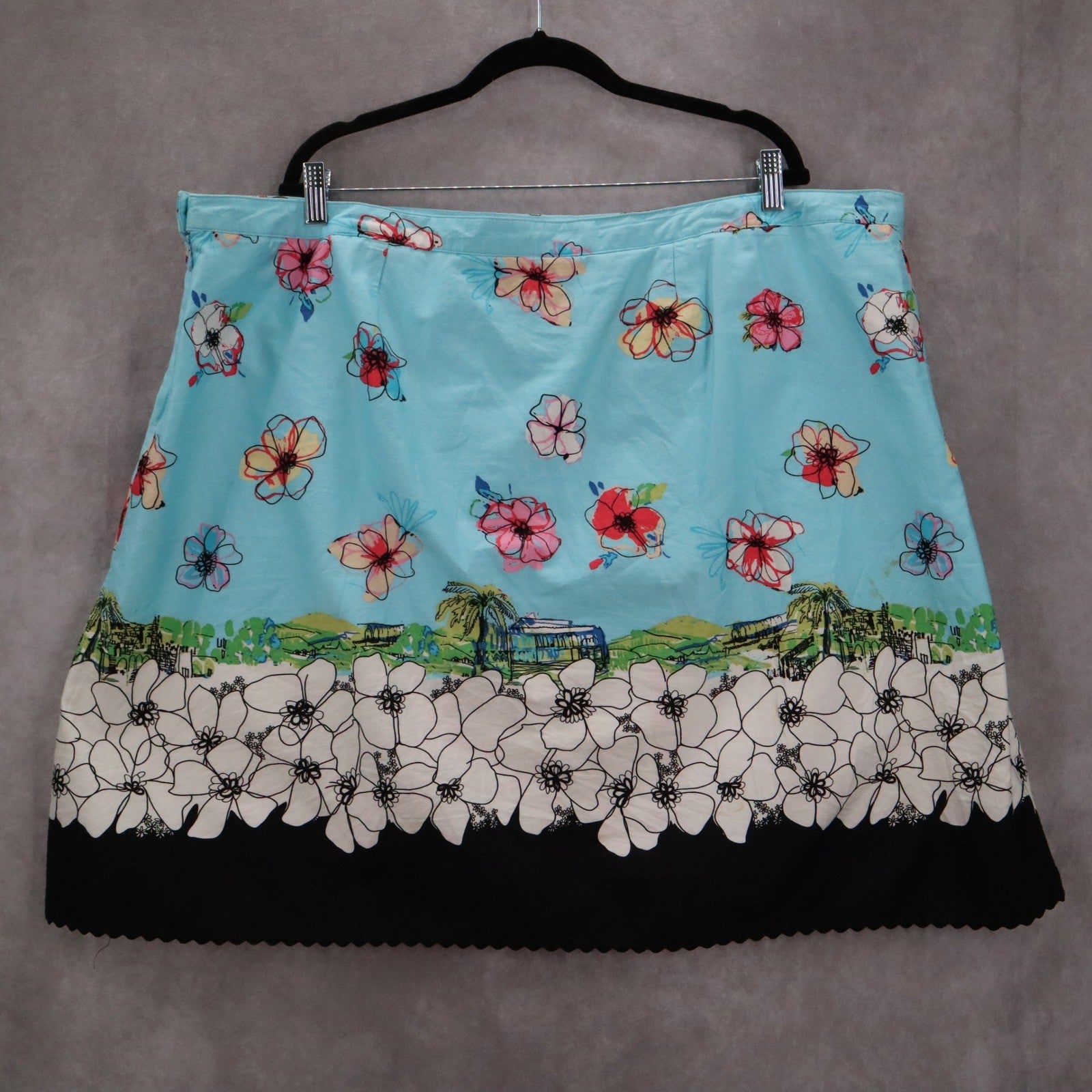 George Blue Floral Mini Short Flare Lace Trim Preppy Zip Button Skirt Plus 24W