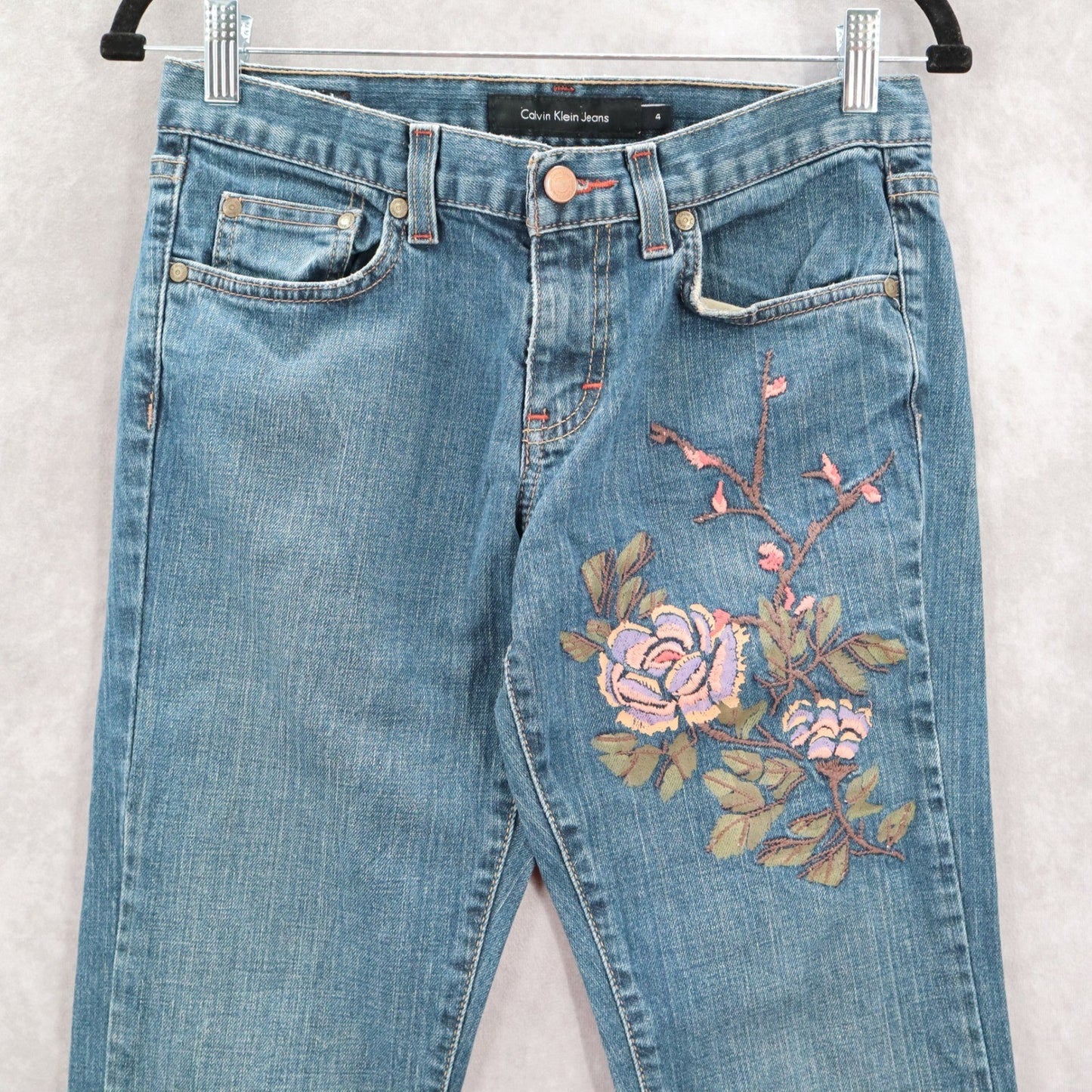 Calvin Klein Blue Floral Embroidered Low Rise Flare Denim Jeans Pants S Small 4