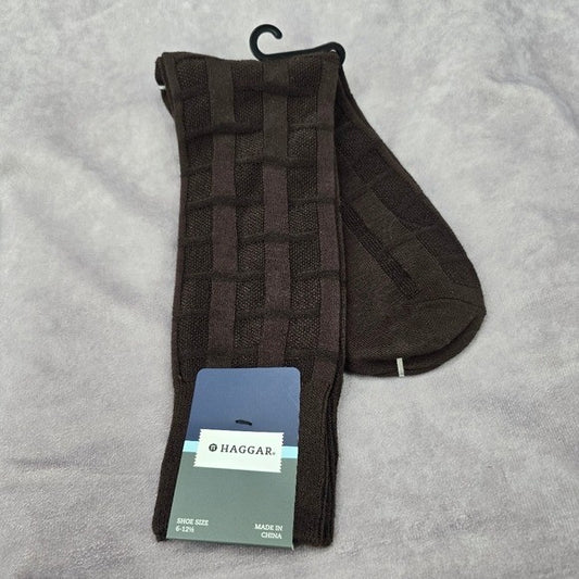 Haggar Brown Chocolate Weave Logo Print Mens Dress Socks Shoe Sise 6-12.5