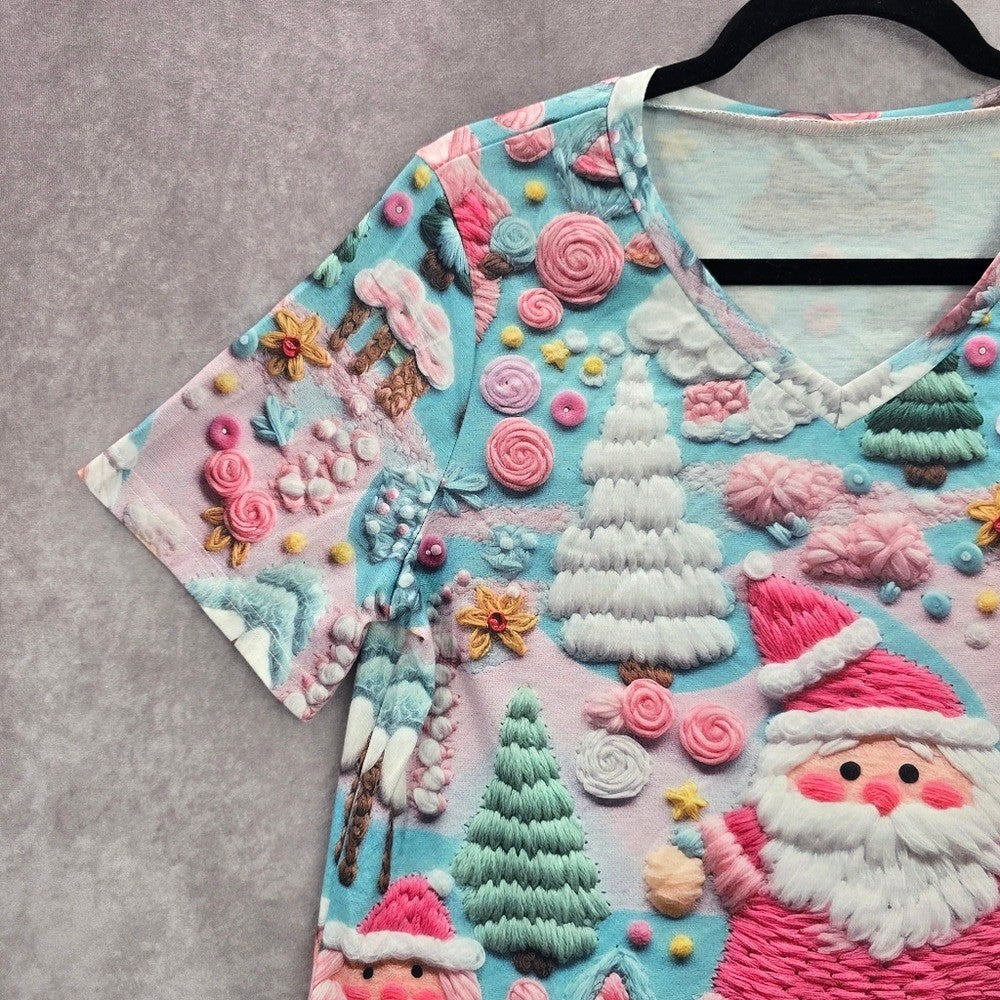 Blue Santa Candy Cane Cute Y2K Christmas Holiday Tree Artsy Tshirt Top Medium