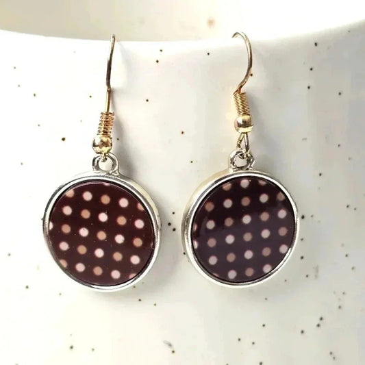 Brown Polka Dot Circle Silver Hook Dangle Fashion Boho Jewelry Earrings E105