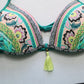 Green Floral Padded Tie Gold Bead Tassel Swim Sports Bra Bralette Bikini Top 34C