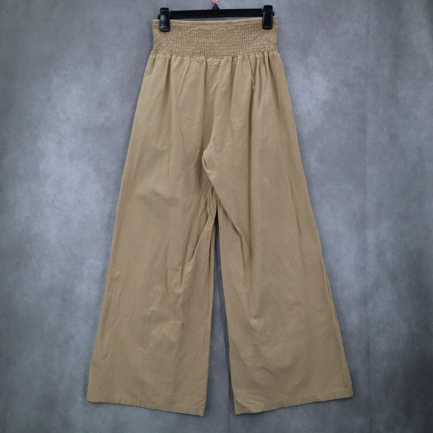 Beige Wide Leg Pants Smocked Waist Boho Palazzo Casual Trousers Pull On Medium