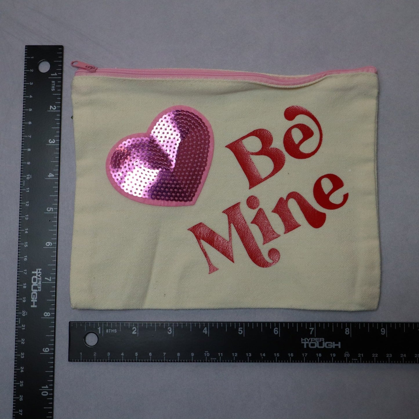 Be Mine Pink Sequin Heart Patch Pink Zipper Canvas Pouch Handmade Makeup Bag