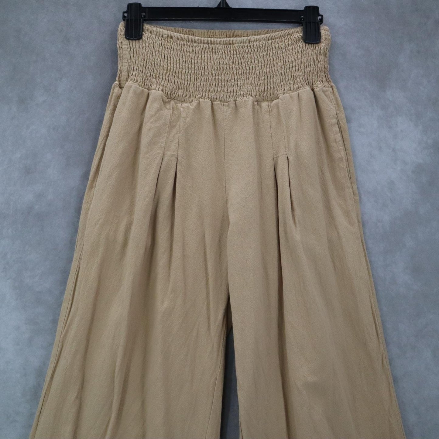 Beige Wide Leg Pants Smocked Waist Boho Palazzo Casual Trousers Pull On Medium