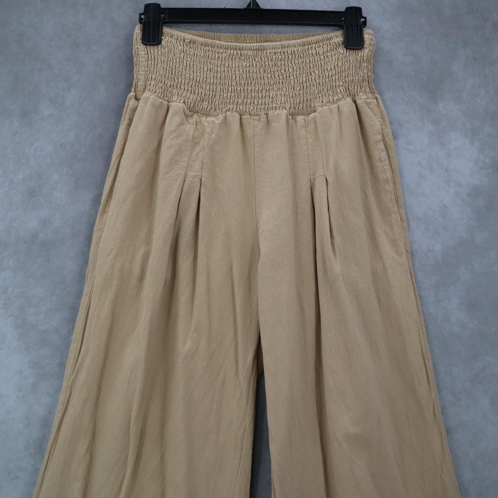 Beige Wide Leg Pants Smocked Waist Boho Palazzo Casual Trousers Pull On Medium