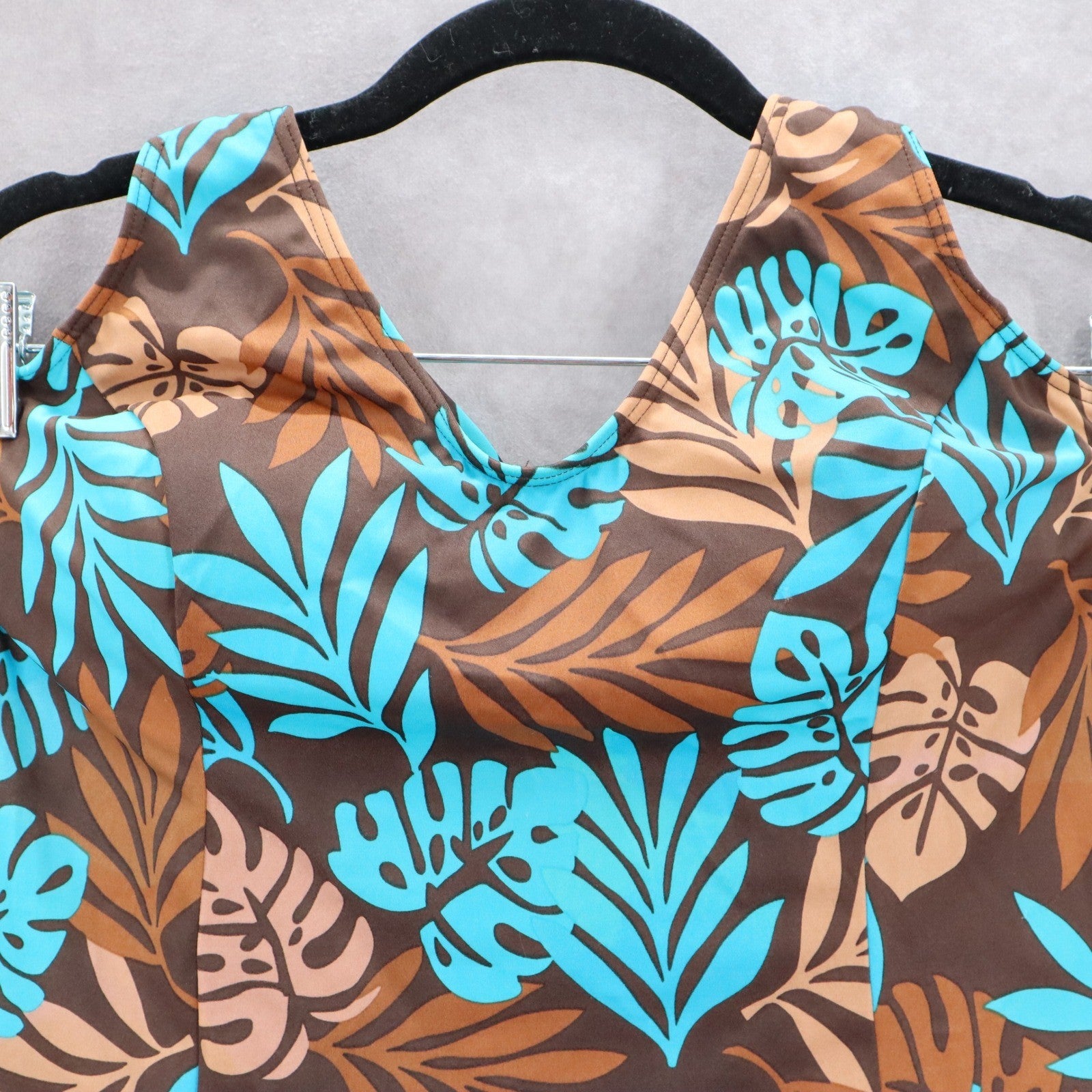 Brown Blue Tropical Leaf Halter Tie Padded Swim Beach Tankini Top L Large
