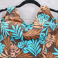 Brown Blue Tropical Leaf Halter Tie Padded Swim Beach Tankini Top L Large