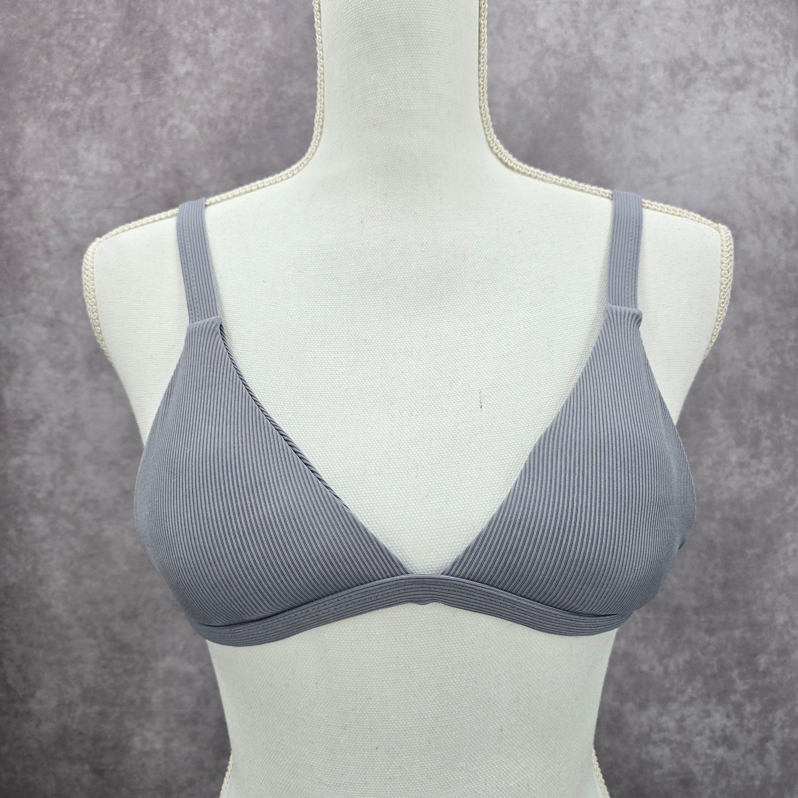 Gray Ribbed Triangle Bikini Top Adjustable Hook Swimwear M Medium Y2K
