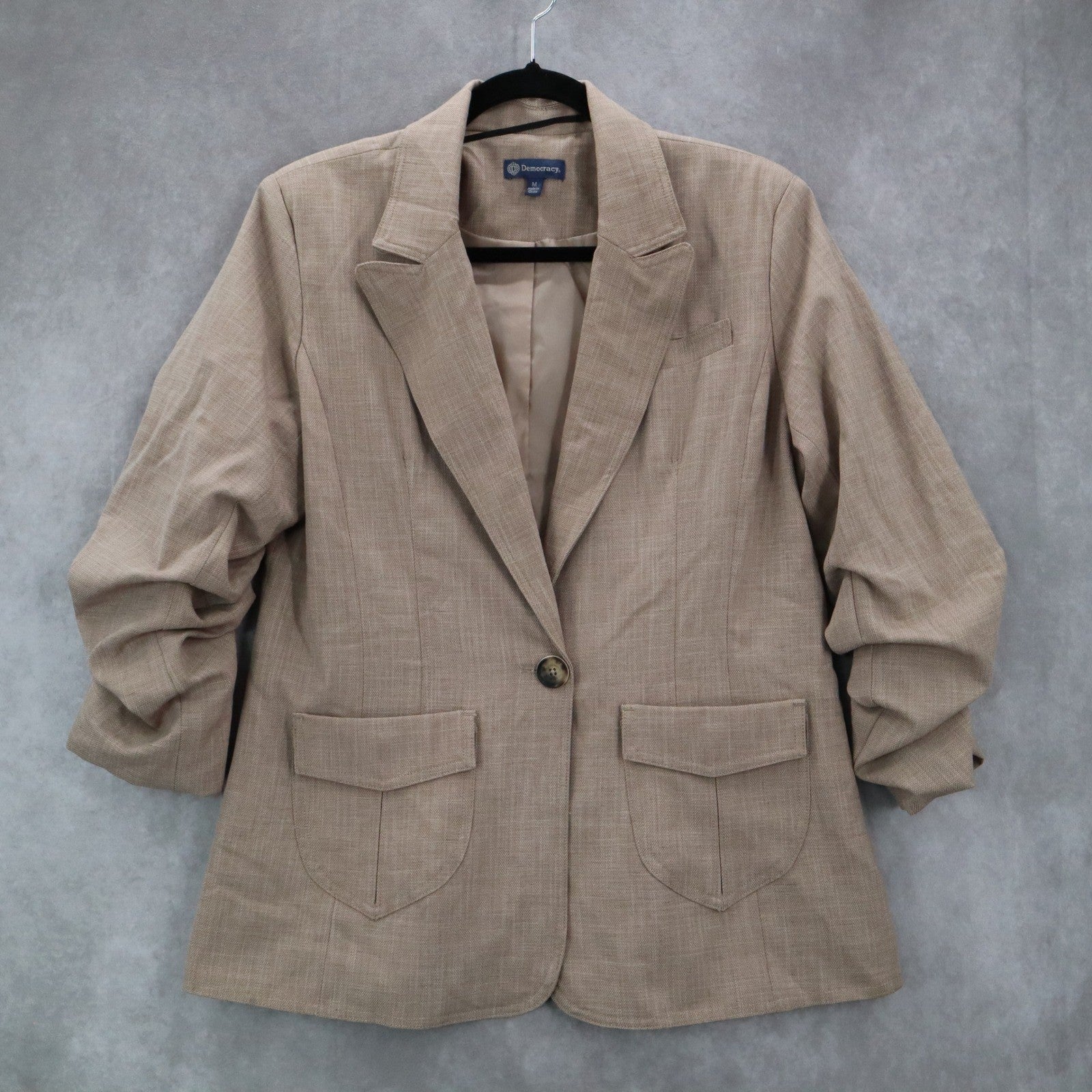 Democracy Tan Ruched Sleeve Business Casual Peak Suit Jacket Coat Blazer Medium