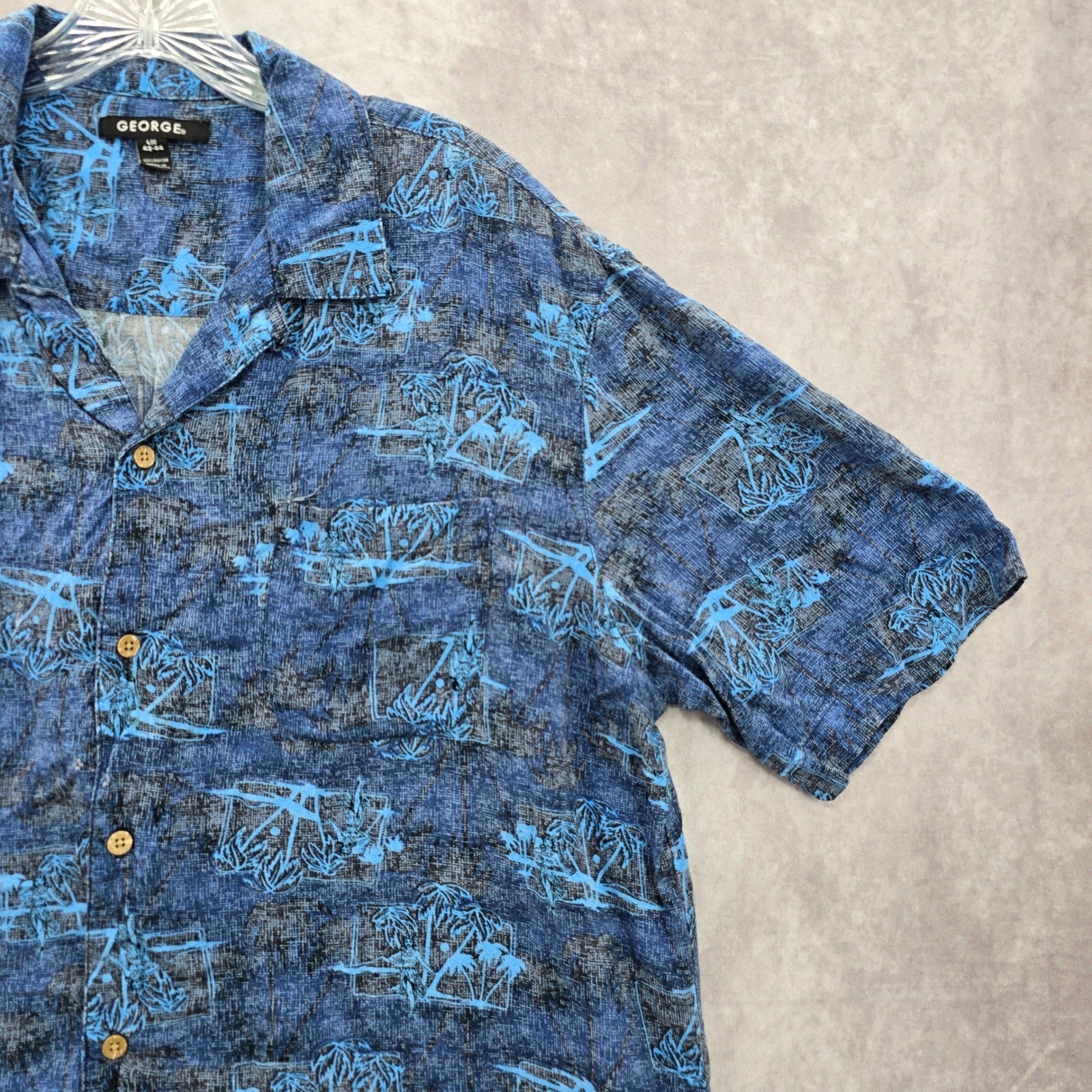 George Blue Beach Palm Tropical Surf Island Relaxed Hawaiian Shirt Large
