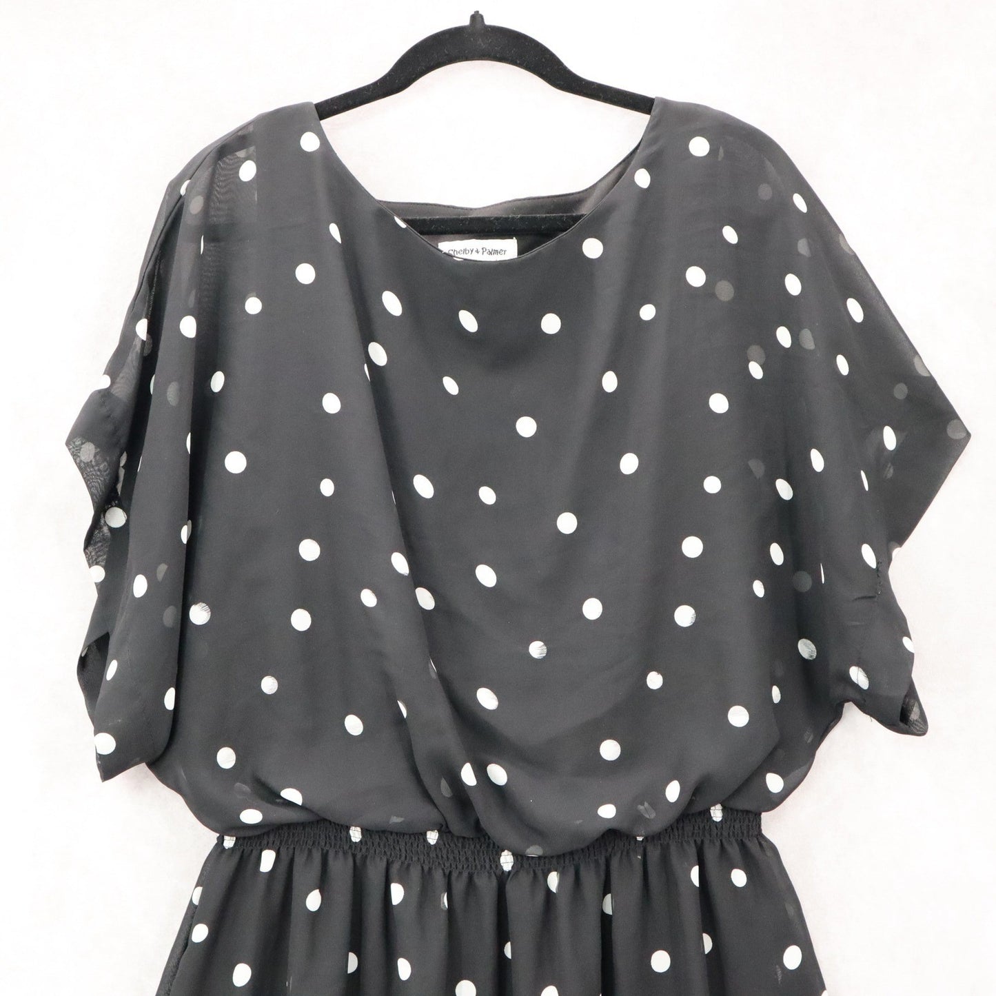 Shelby & Palmer Black Polka Dot Midi Dress Floral Elastic Flare Boho Casual 14W