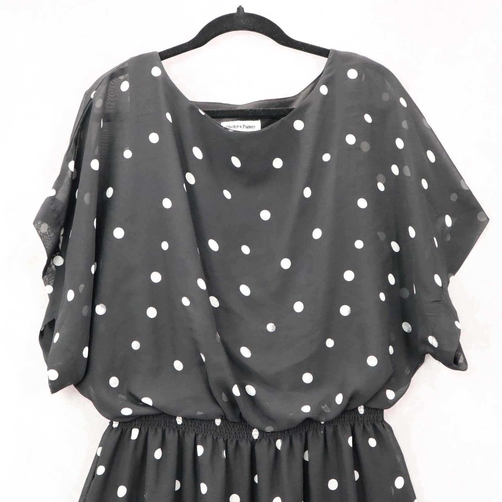 Shelby & Palmer Black Polka Dot Midi Dress Floral Elastic Flare Boho Casual 14W