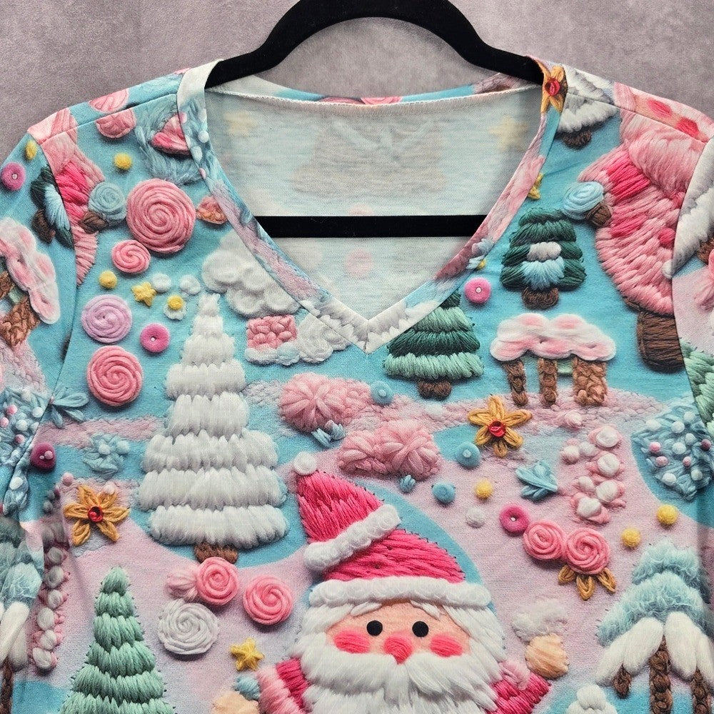 Blue Santa Candy Cane Cute Y2K Christmas Holiday Tree Artsy Tshirt Top Medium
