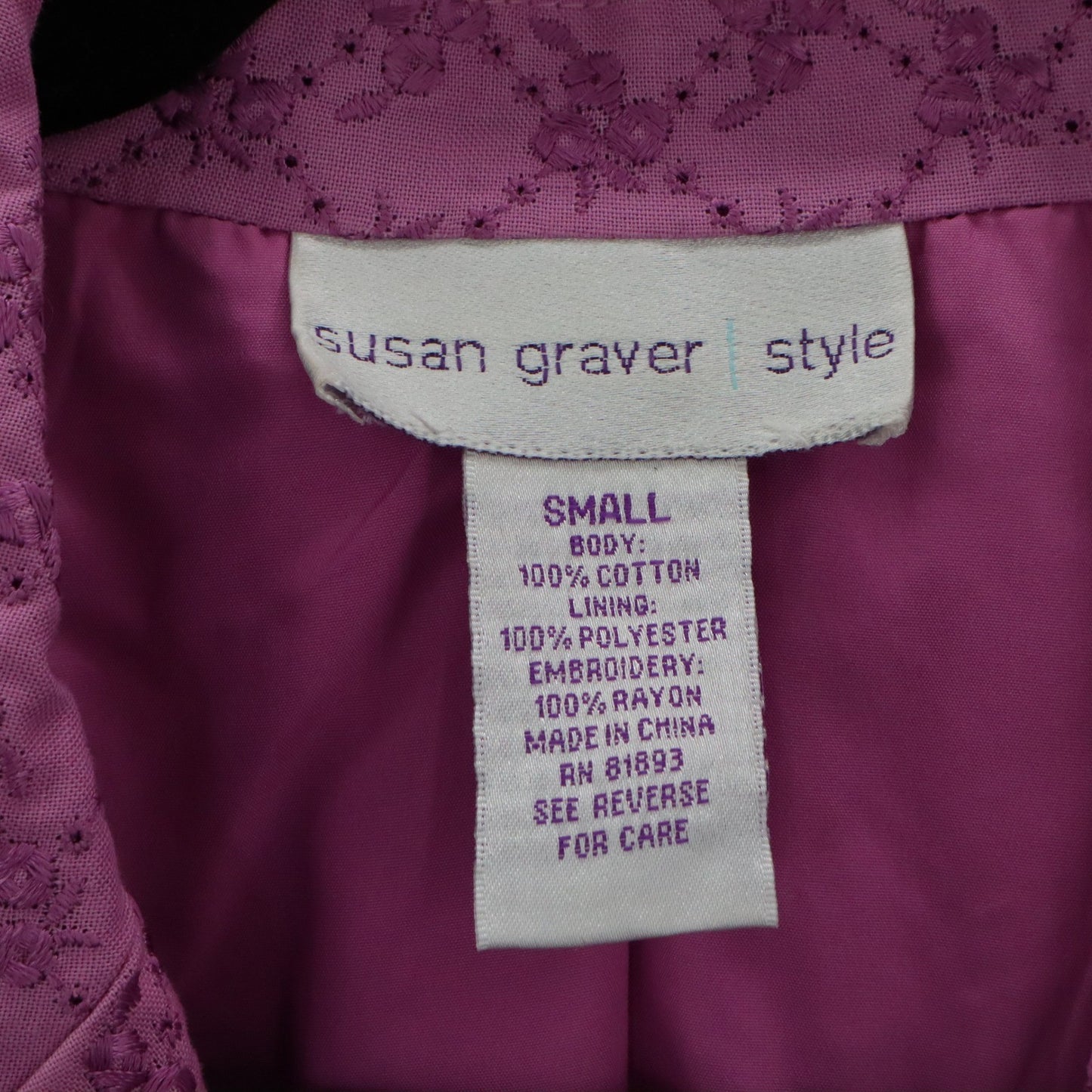 Susan Graver Purple Embroidered Floral Scallop Notch Cotton Jacket Blazer Small