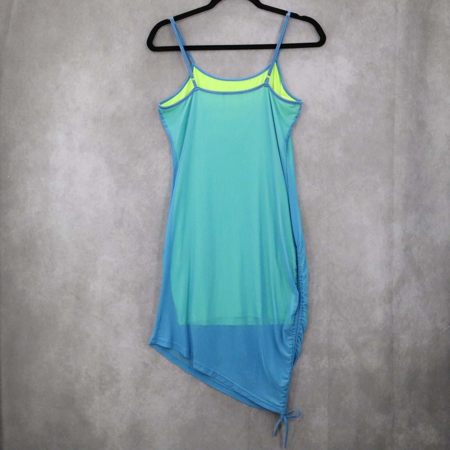 Blue Neon Bodycon Dress Spaghetti Strap Asymmetrical Hem Mesh Ruched Side Small