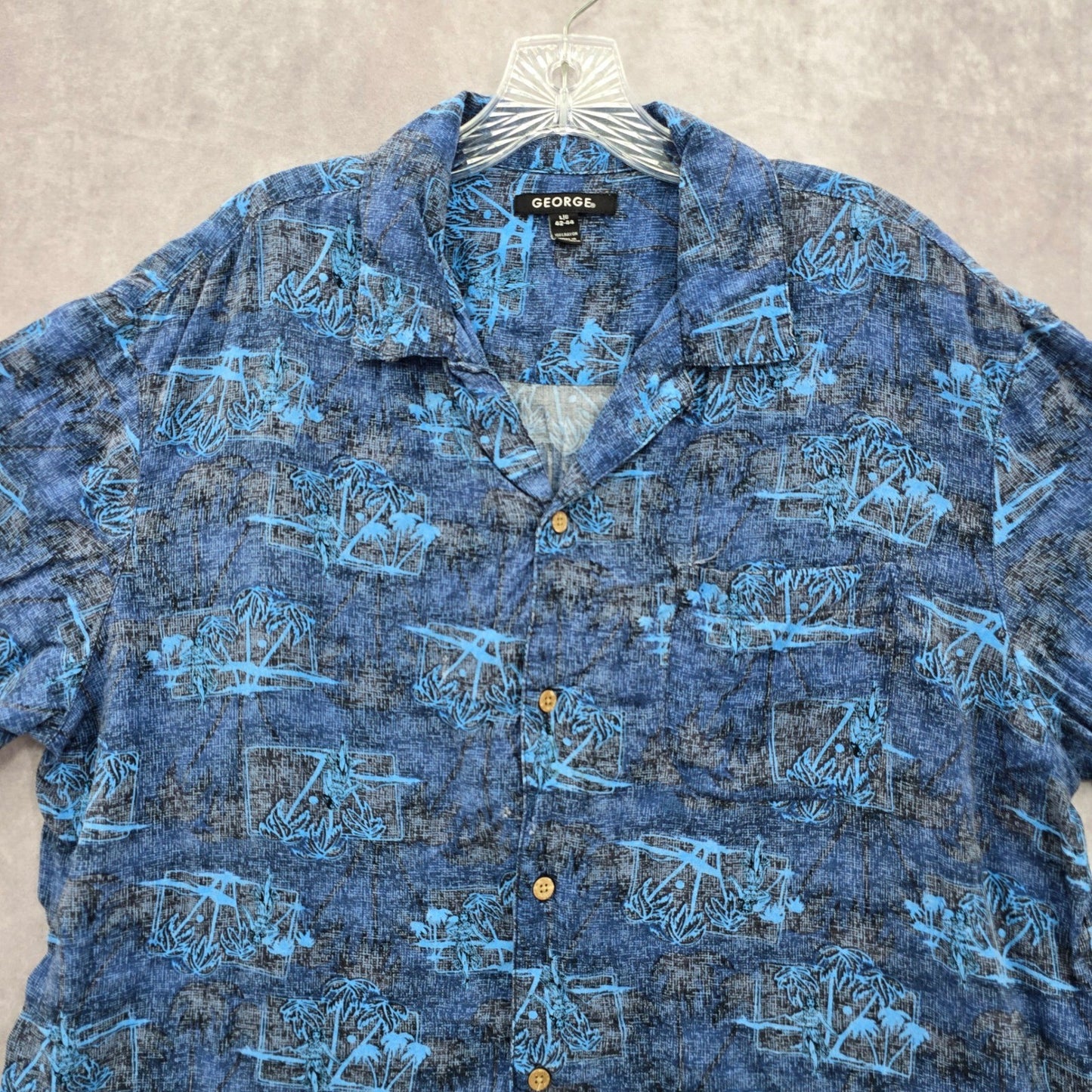 George Blue Beach Palm Tropical Surf Island Relaxed Hawaiian Shirt Large
