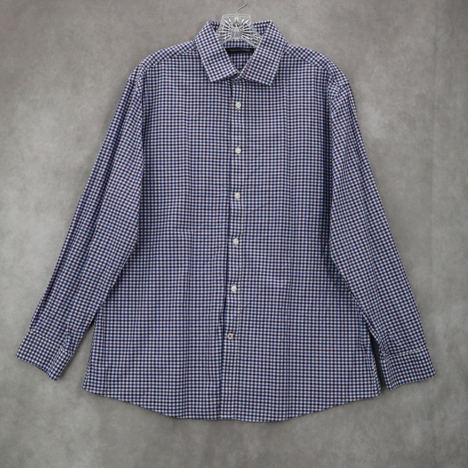 Tommy Hilfiger Blue Plaid Button Down Cotton Dress Slim Fit Shirt Mens Large