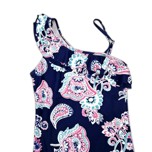 Old Navy Blue Floral Ruffle One Piece Bathing Suit Swimsuits Swimwear Size 13/14