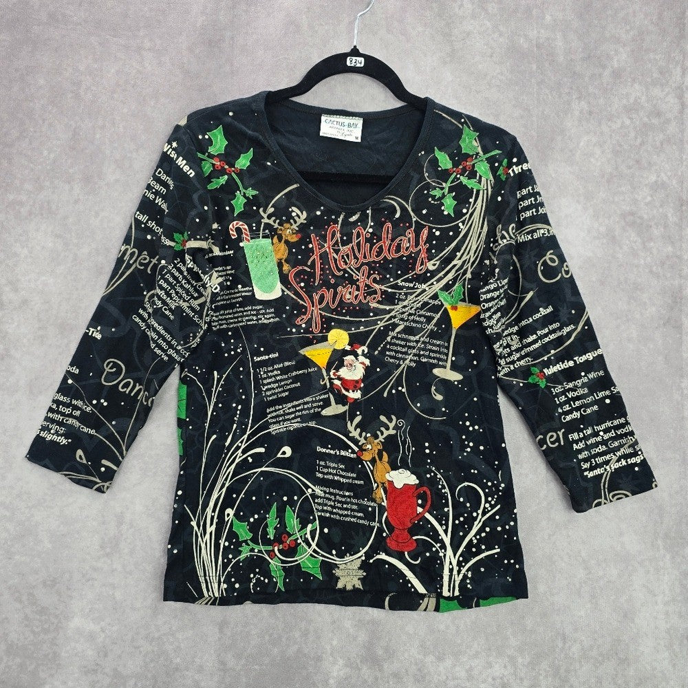 Cactus Bay Black Christmas Holiday Festival Y2K VTG Artsy Print Top Medium