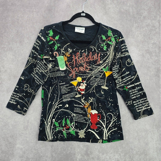 Cactus Bay Black Christmas Holiday Festival Y2K VTG Artsy Print Top Medium