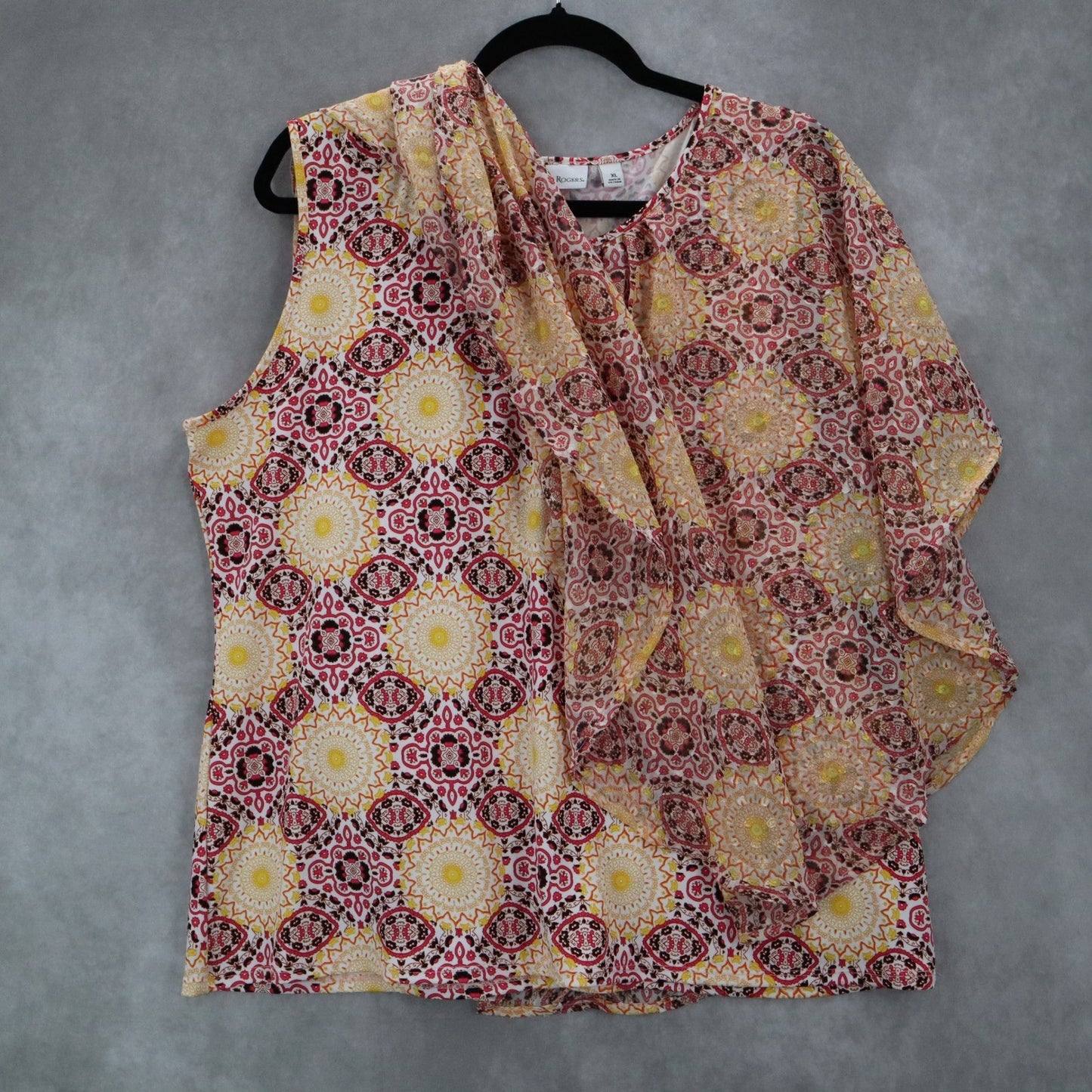 Kim Rogers Yellow Floral Dolam Casual Daisy Shine Palm Spring Bead Top Blouse XL