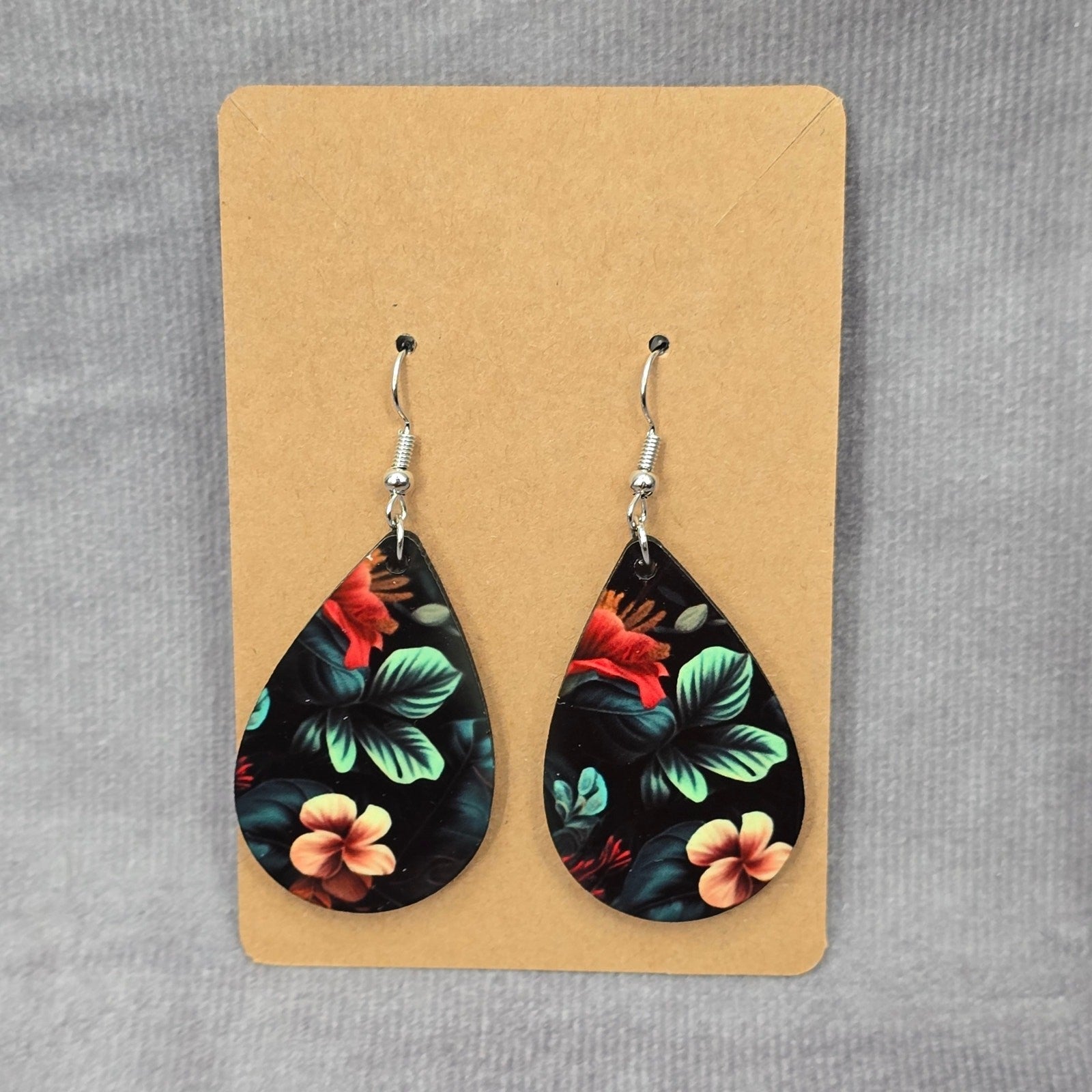 Black Teardrop Hook Floral Handmade Earrings JB1E9