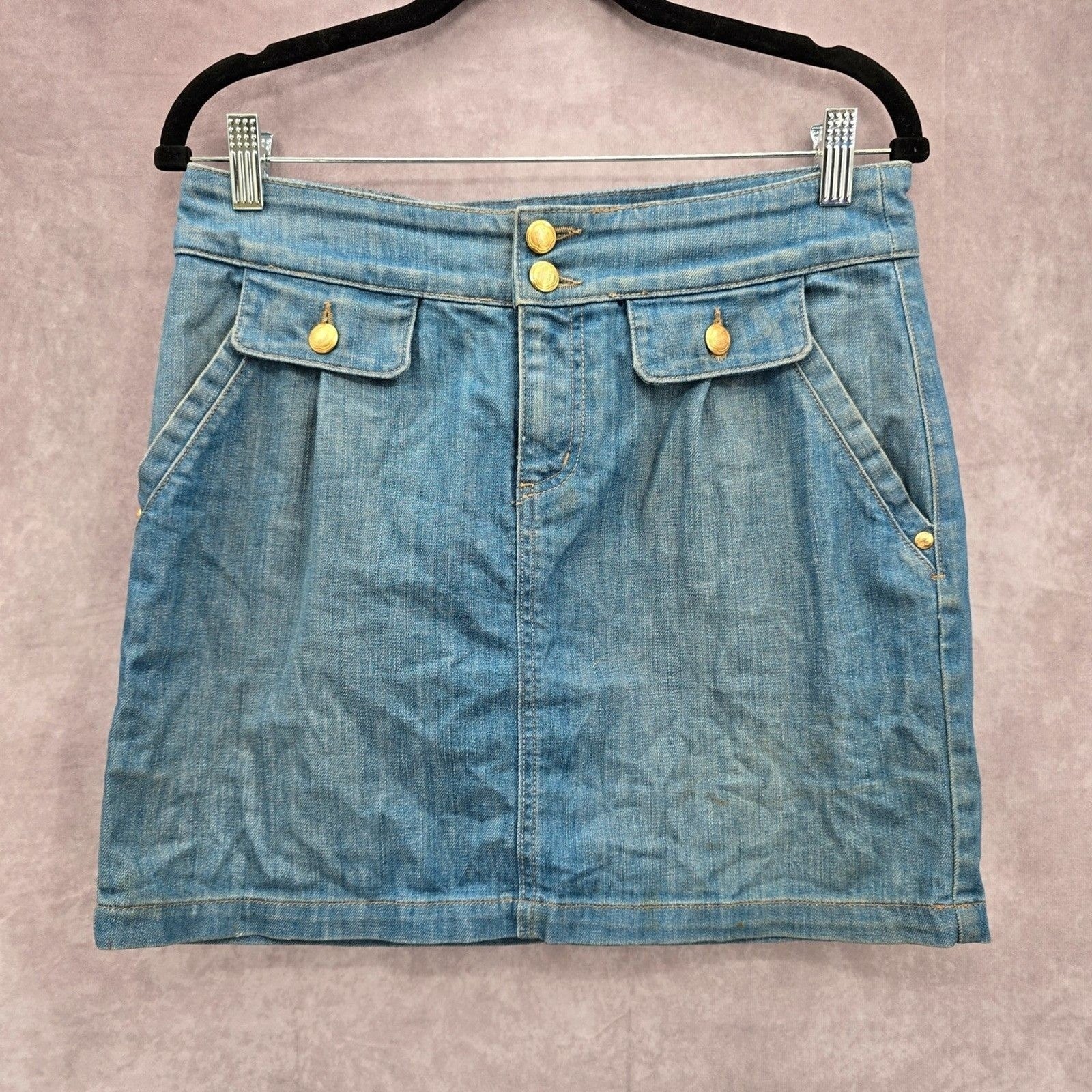 Juicy Couture Ex Cardiff High Waist Y2K VTG Denim Skirt Crest Button 28 Medium
