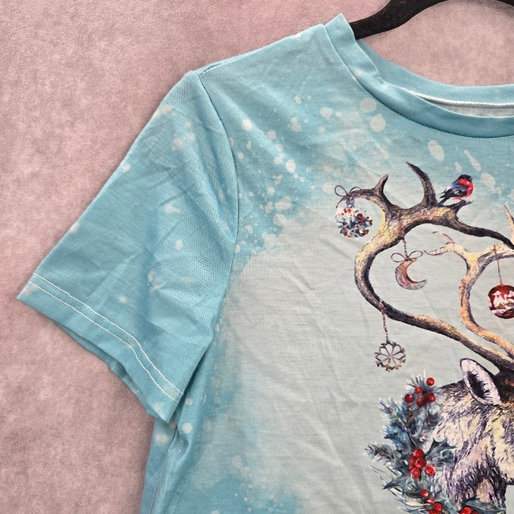 Blue Reindeer Moose Christmas Holoday Festive Print Tshirt Top Small