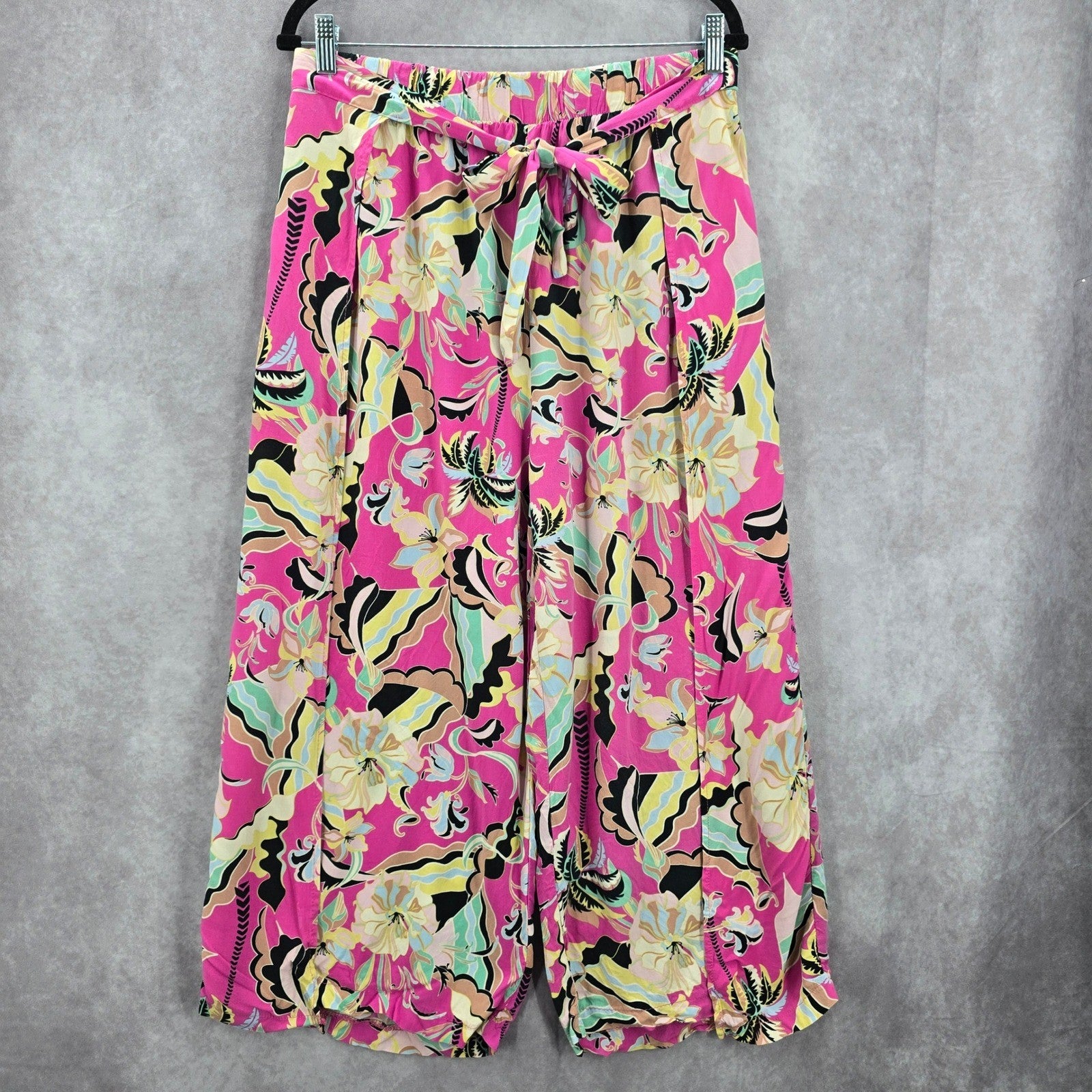 New Look Pink Floral Elastic Crop Belt Beach Boho Wide Leg Pants Trousers XL