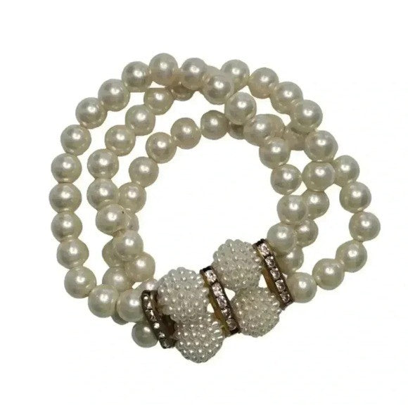 White Bead Pearl Gold Stretch Elastic Bracelet Fashion Jewelry