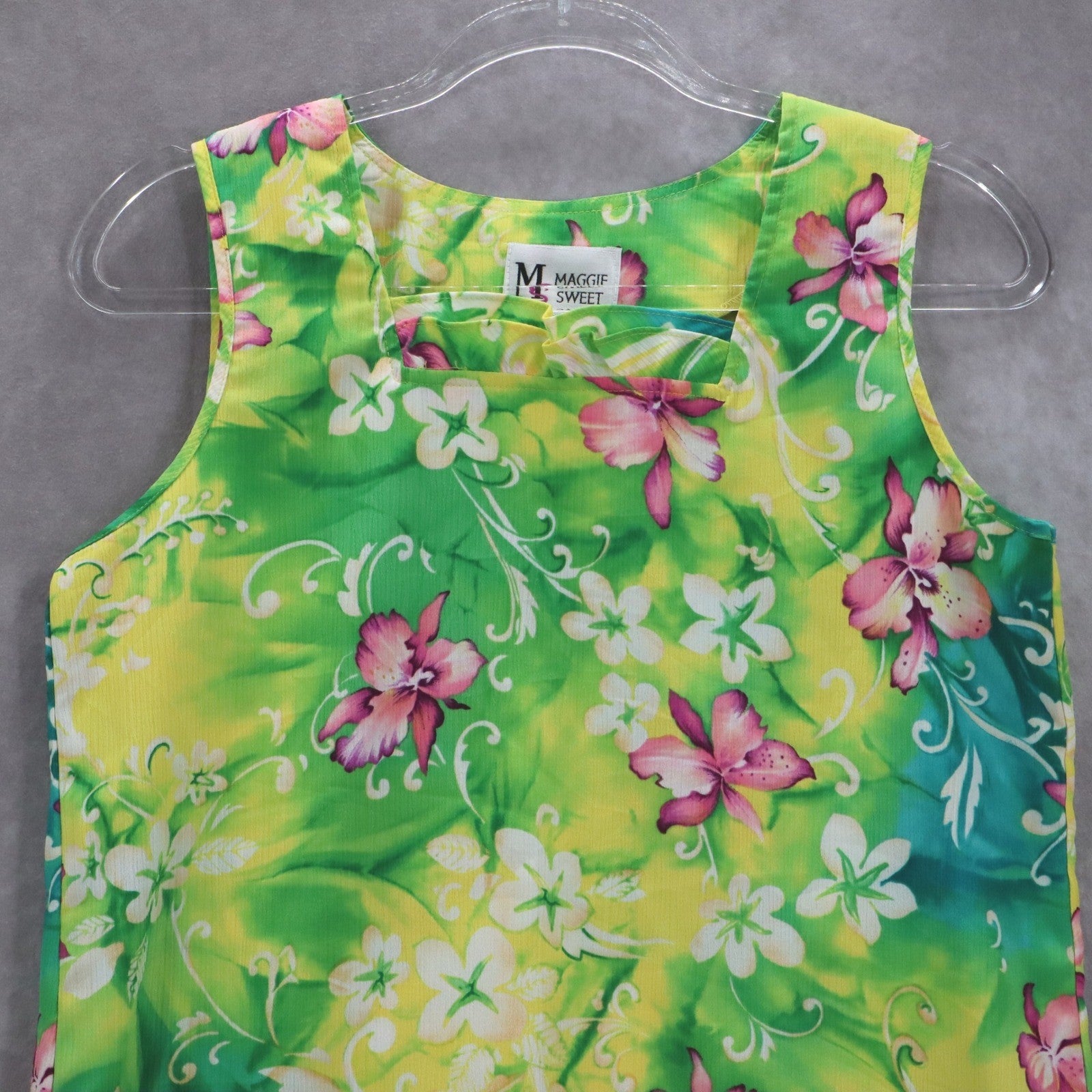Maggie Sweet Yellow Green Floral Preppy Flirty Sleeveless Blouse Top S Small