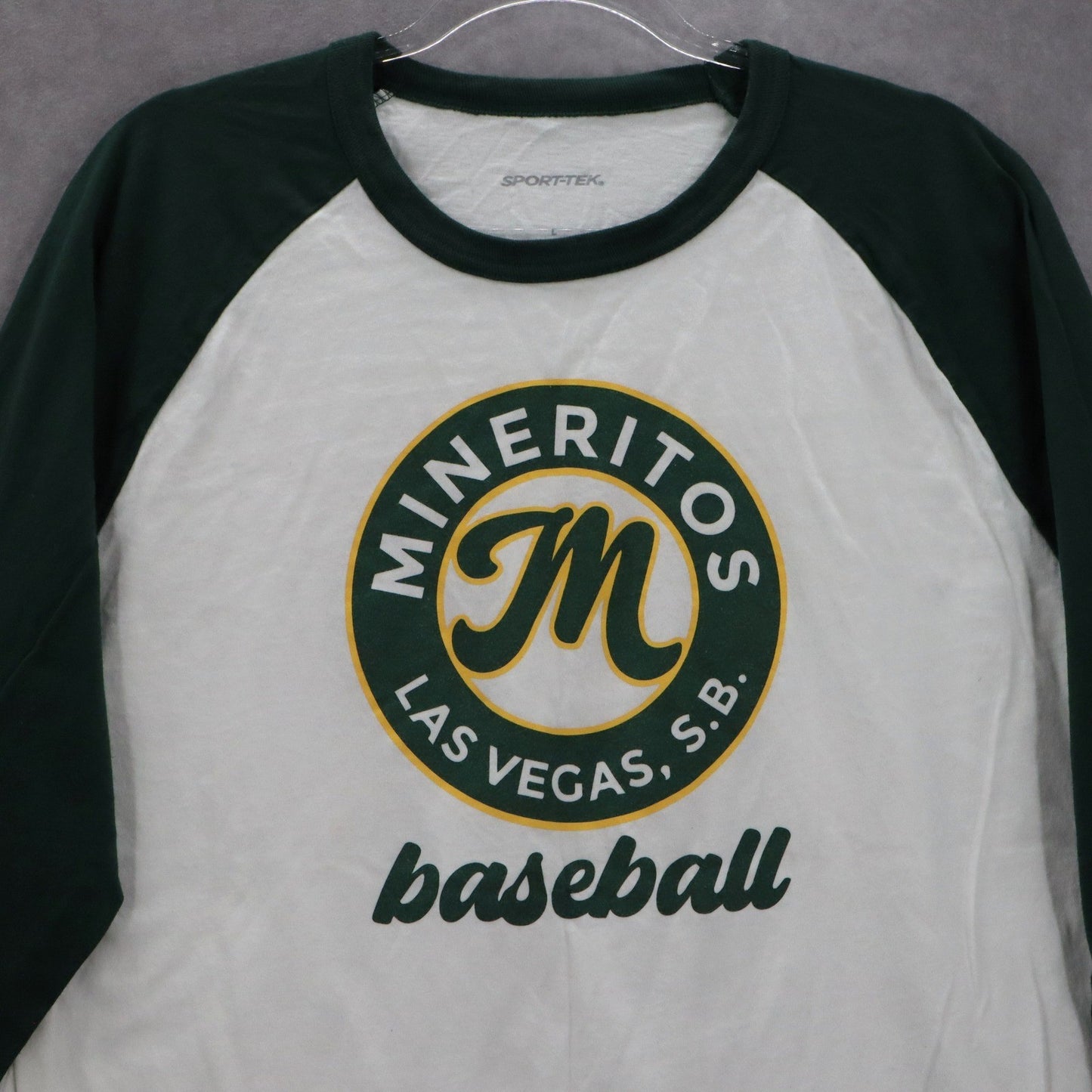 Sport Tek White Green Mineritos Baseball Tee Tshirt Raglan Top L Large