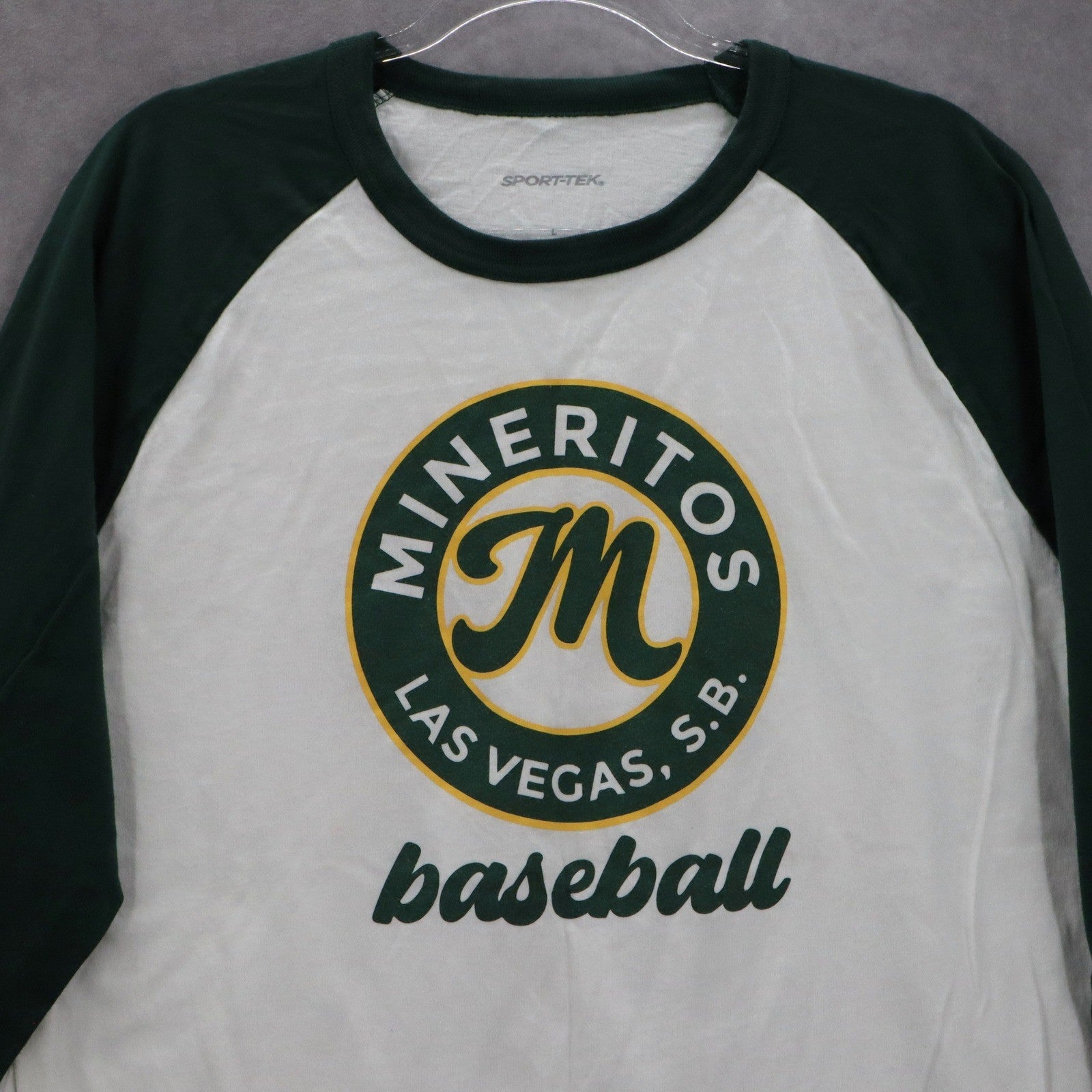Sport Tek White Green Mineritos Baseball Tee Tshirt Raglan Top L Large