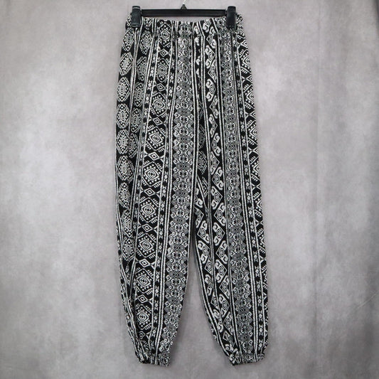 Ambiance Apparel Black White Harem Boho Geometric Print Tapered Pants L Large