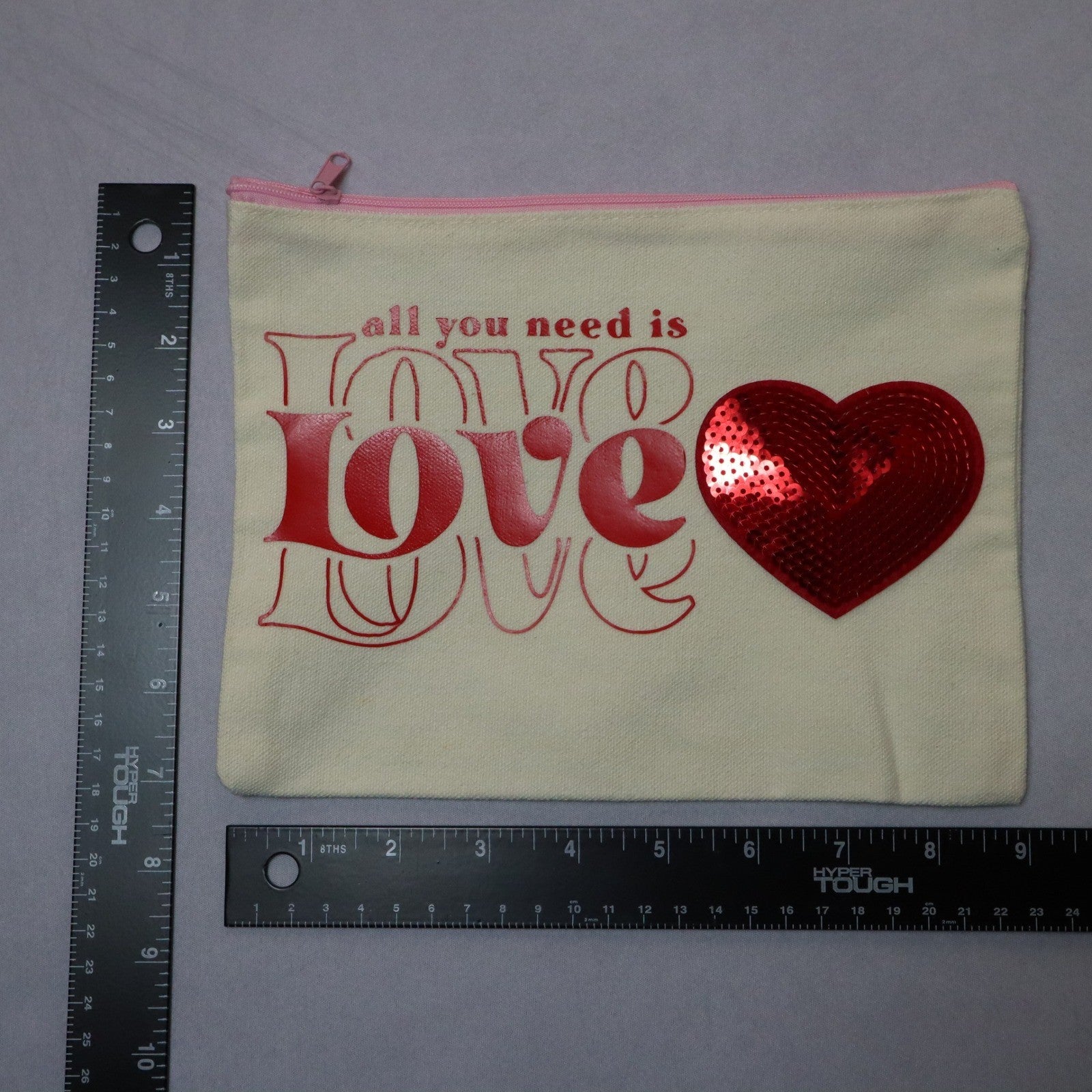 All You Need Is Love Red Sequin Heart Patch Pink Zipper Canvas Handmade Bag