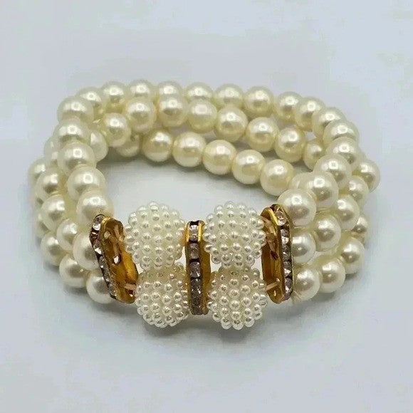 White Bead Pearl Gold Stretch Elastic Bracelet Fashion Jewelry