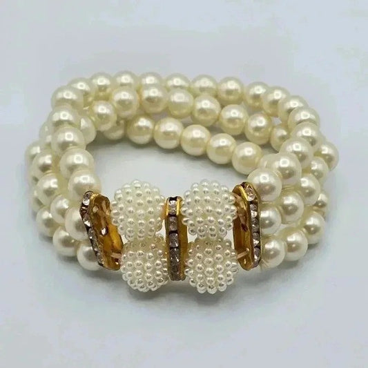 White Bead Pearl Gold Stretch Elastic Bracelet Fashion Jewelry