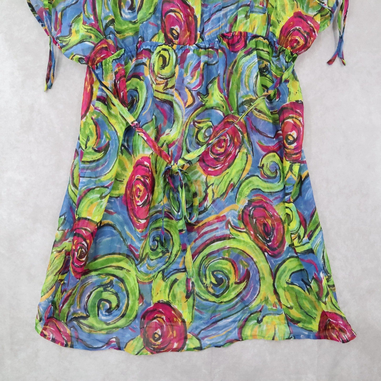 Boho Floral Swirl Sheer Festival Beach VTG Colorful Tunic Cover Up Dress L Large