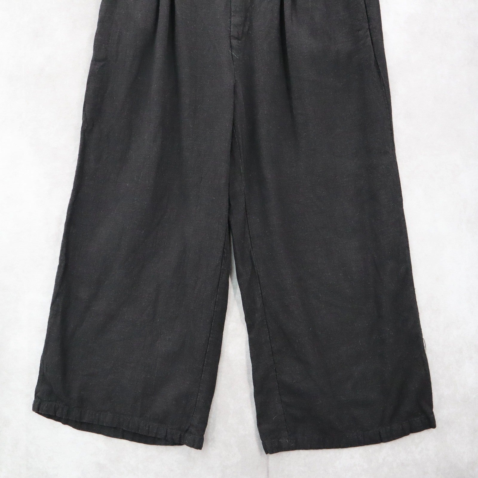 Black Cropped Wide Leg Pleated Belted Preppy Straight Leg Trousers Pant L Large