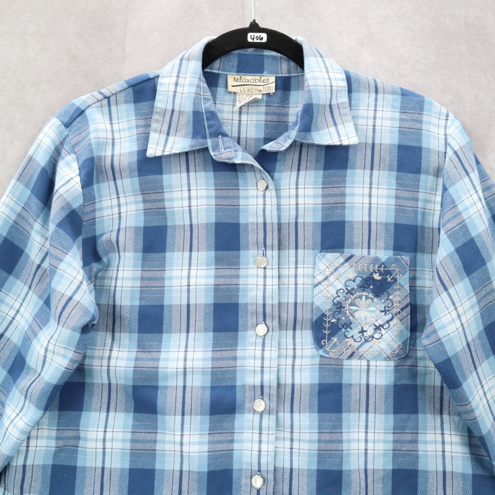 Teddi Blue Plaid Flannel Western Long Sleeve Button Up VTG College Petite Small