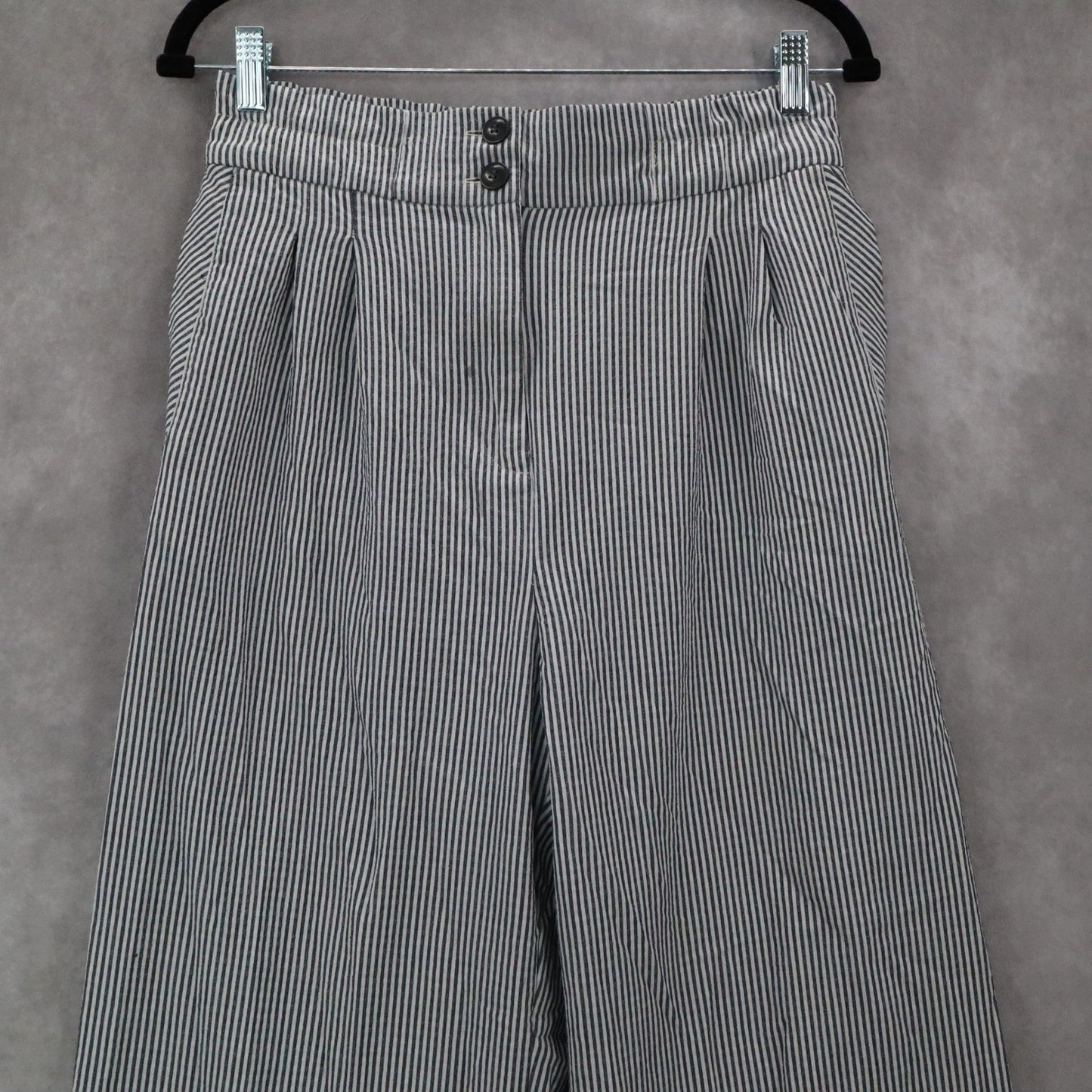 H&M Blue Stripe Wide Leg Boho Pull On Pleated Straight Preppy Trousers Pant 8
