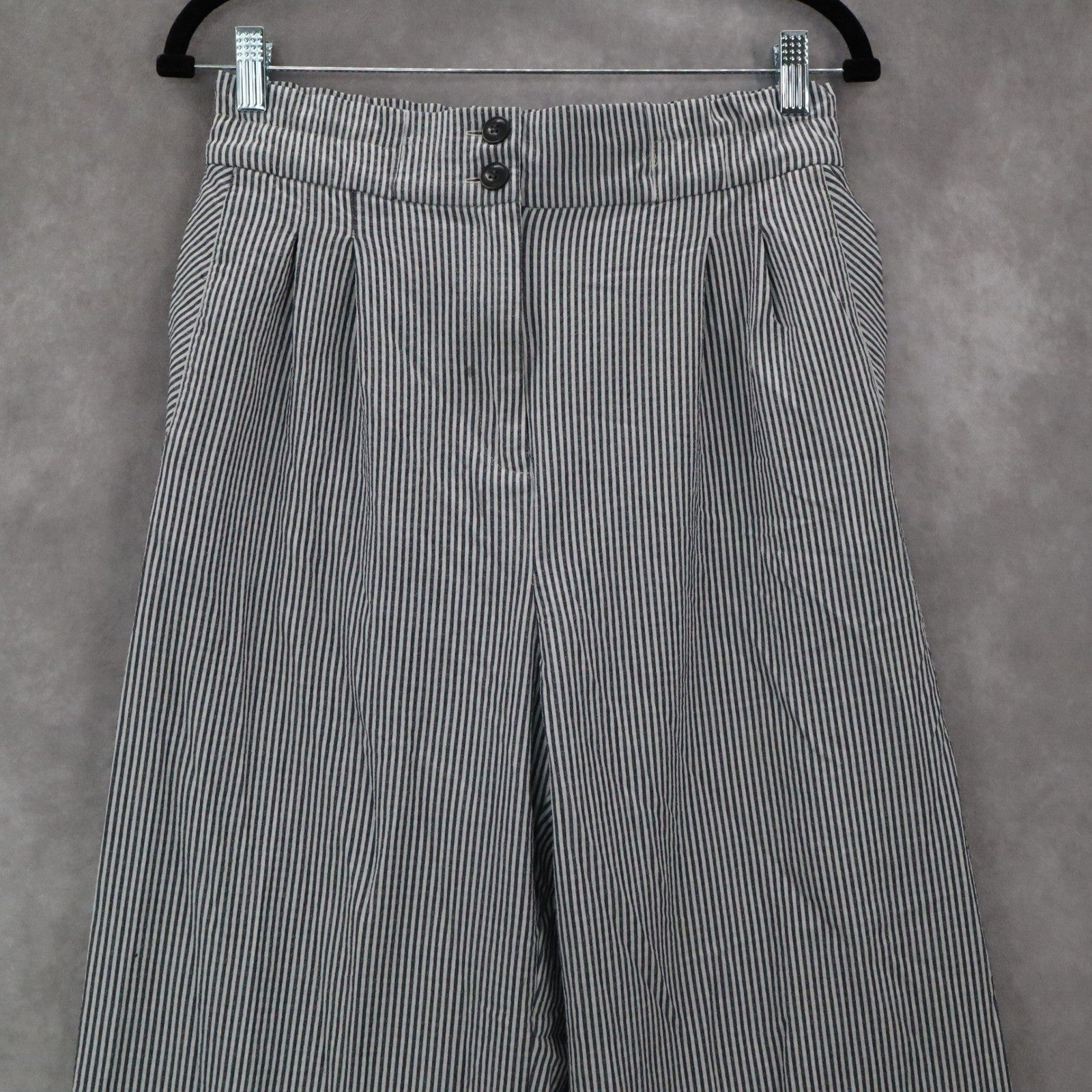 H&M Blue Stripe Wide Leg Boho Pull On Pleated Straight Preppy Trousers Pant 8