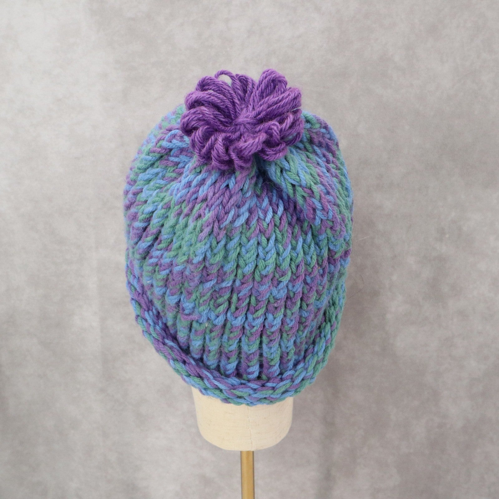 Blue Crochet Pom Pom Cable Knit Chunky Vintage Y2K Cottage Beanie Cap Hat OS