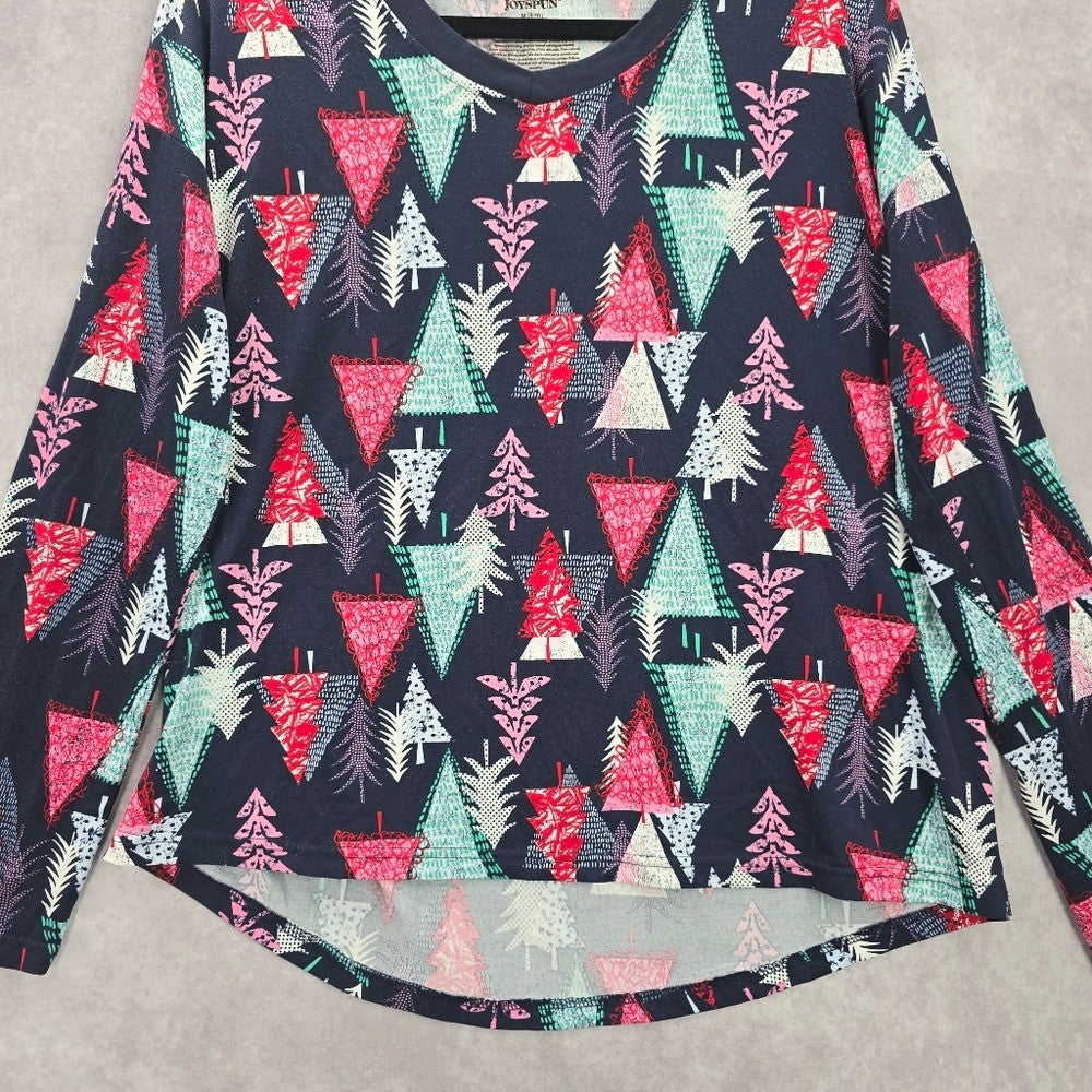Joyspun Blue Christmas Tree Print Long Sleeve Holiday Y2K Printed Top Medium
