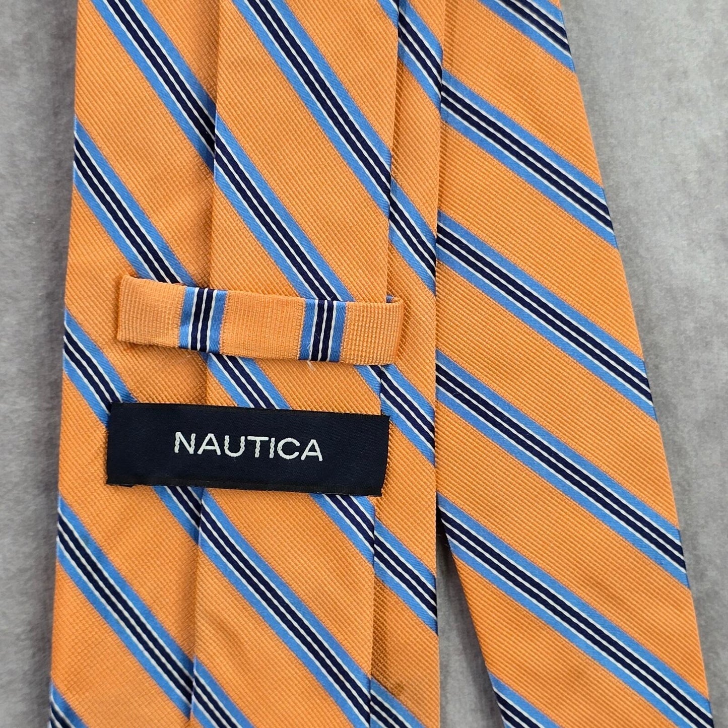Nautica Orange Blue White Stripe Geometric Executive 100% Silk Mens Neck Tie