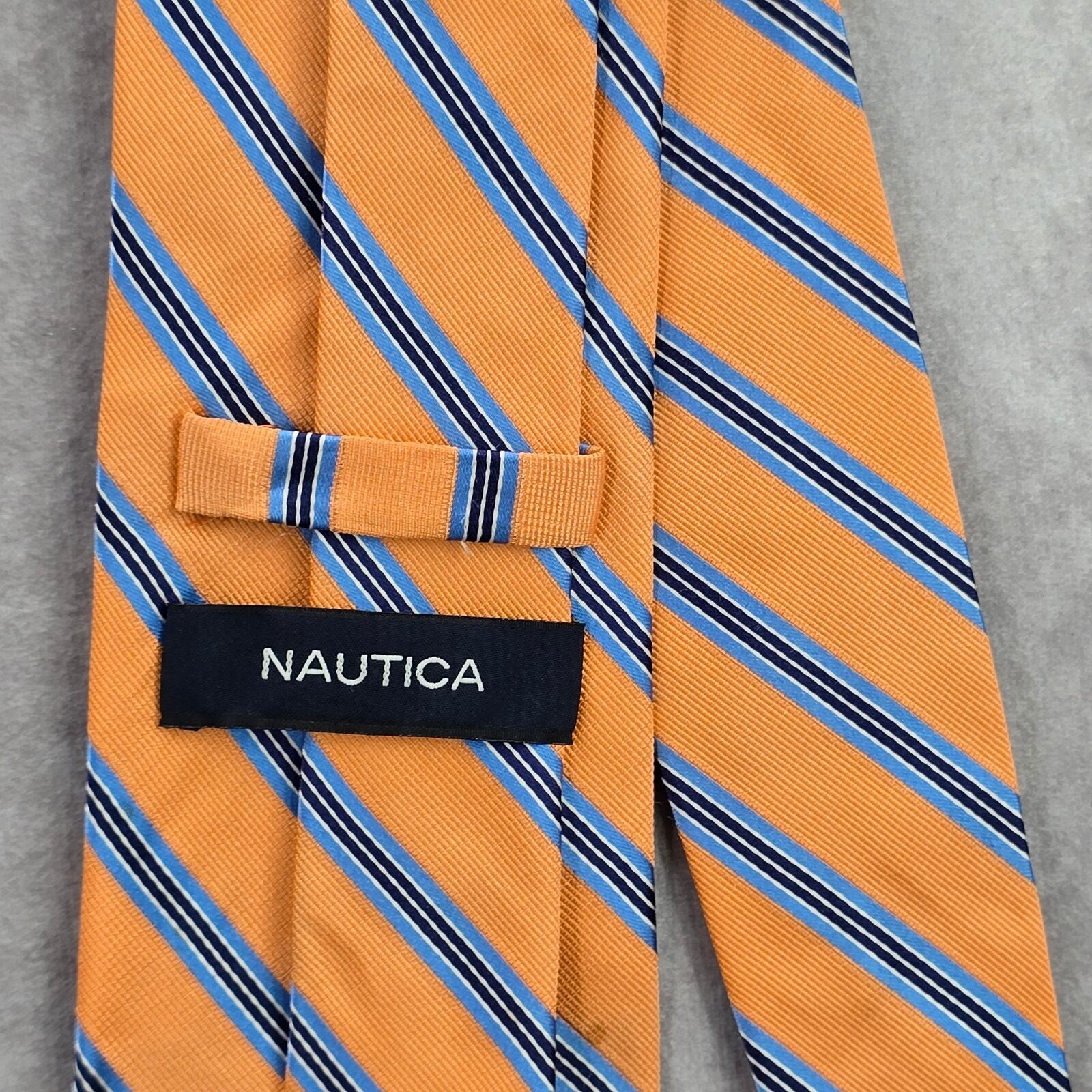 Nautica Orange Blue White Stripe Geometric Executive 100% Silk Mens Neck Tie
