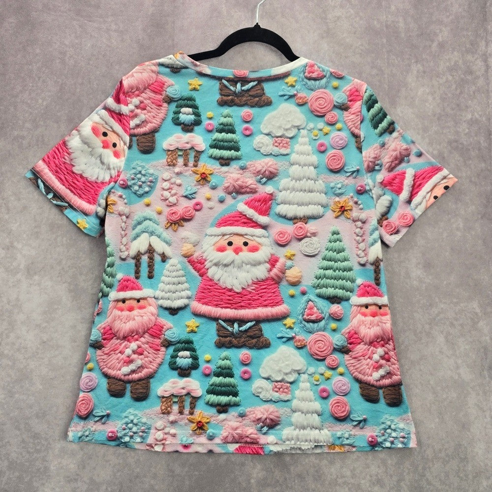 Blue Santa Candy Cane Cute Y2K Christmas Holiday Tree Artsy Tshirt Top Medium